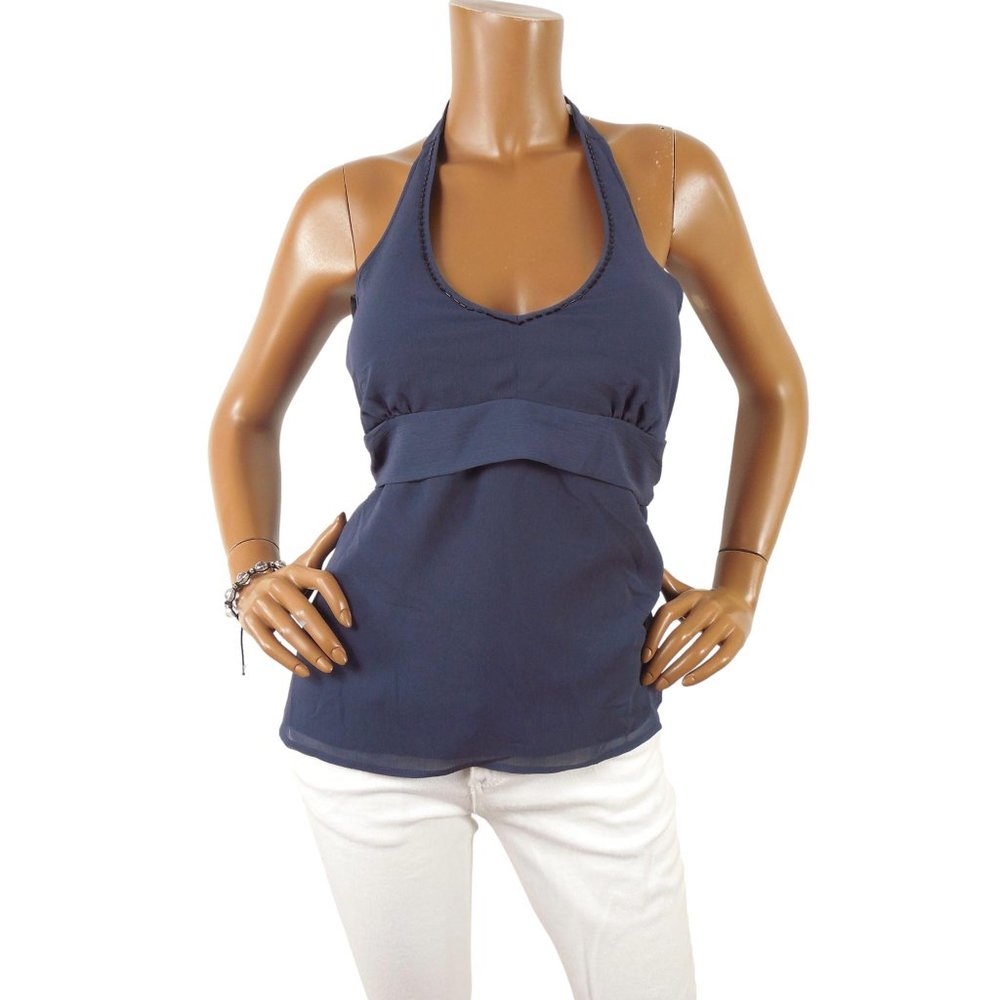 OLD NAVY M Halter Top NWT Beads Lined Chiffon V-Neck Ties In Back Navy Blue - Picture 3 of 11